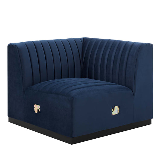 Evoke Velvet Left Corner Chair | Modular Sectional Component, Black & Dark Blue