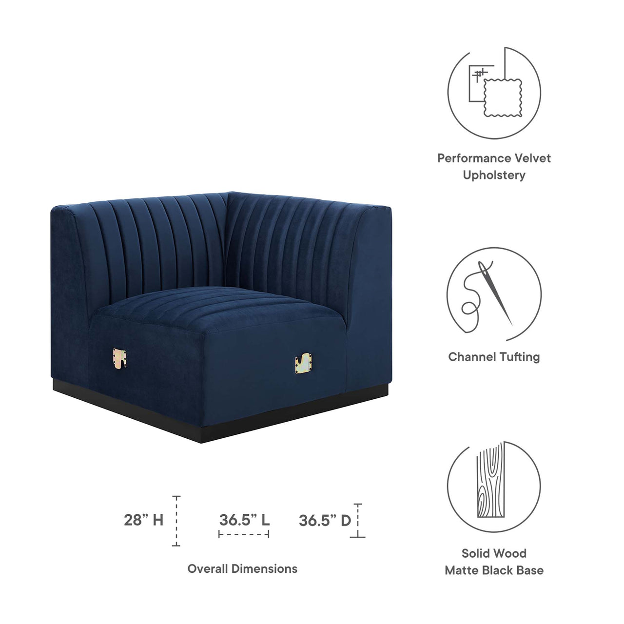 Evoke Velvet Left Corner Chair | Modular Sectional Component, Black & Dark Blue