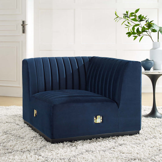 Evoke Velvet Left Corner Chair | Modular Sectional Component, Black & Dark Blue