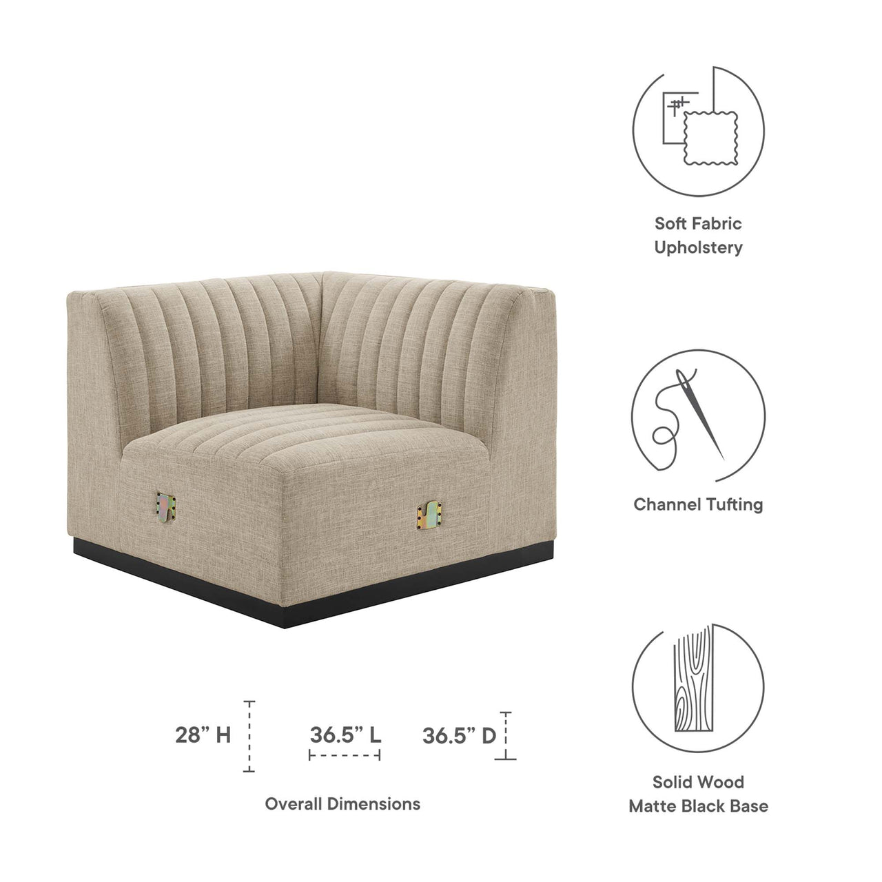 Evoke Fabric Left Corner Chair | Modular Sectional Component, Black & Beige