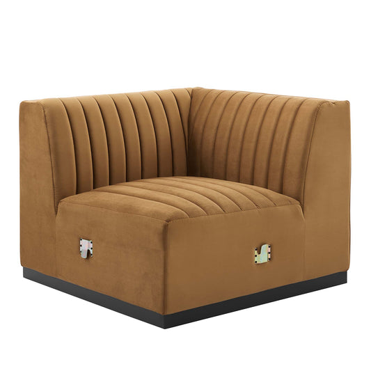 Evoke Velvet Right Corner Chair | Modular Sectional Component, Black & Cognac