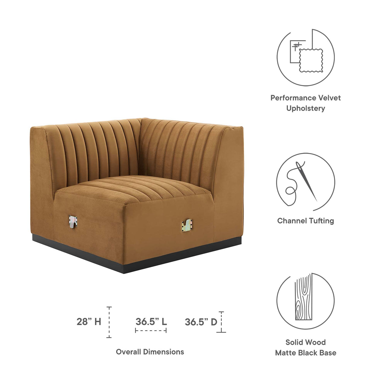 Evoke Velvet Right Corner Chair | Modular Sectional Component, Black & Cognac