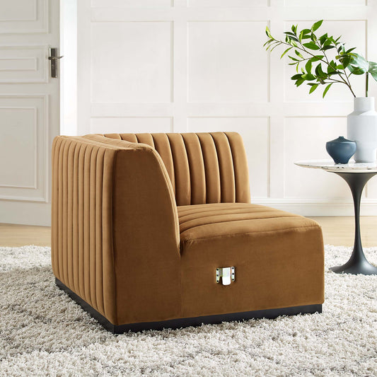 Evoke Velvet Right Corner Chair | Modular Sectional Component, Black & Cognac