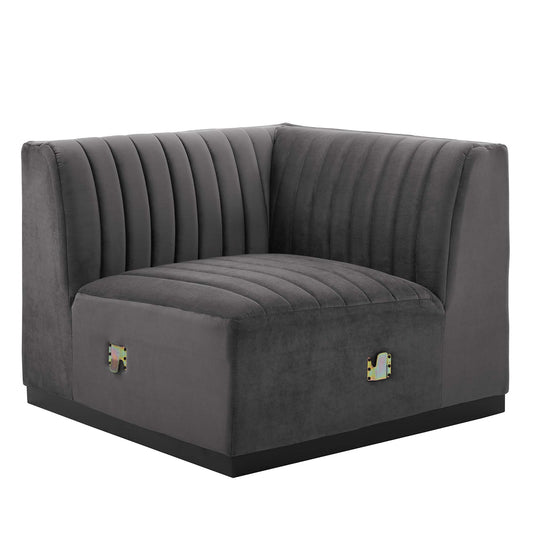 Evoke Velvet Right Corner Chair | Modular Sectional Component, Black & Gray