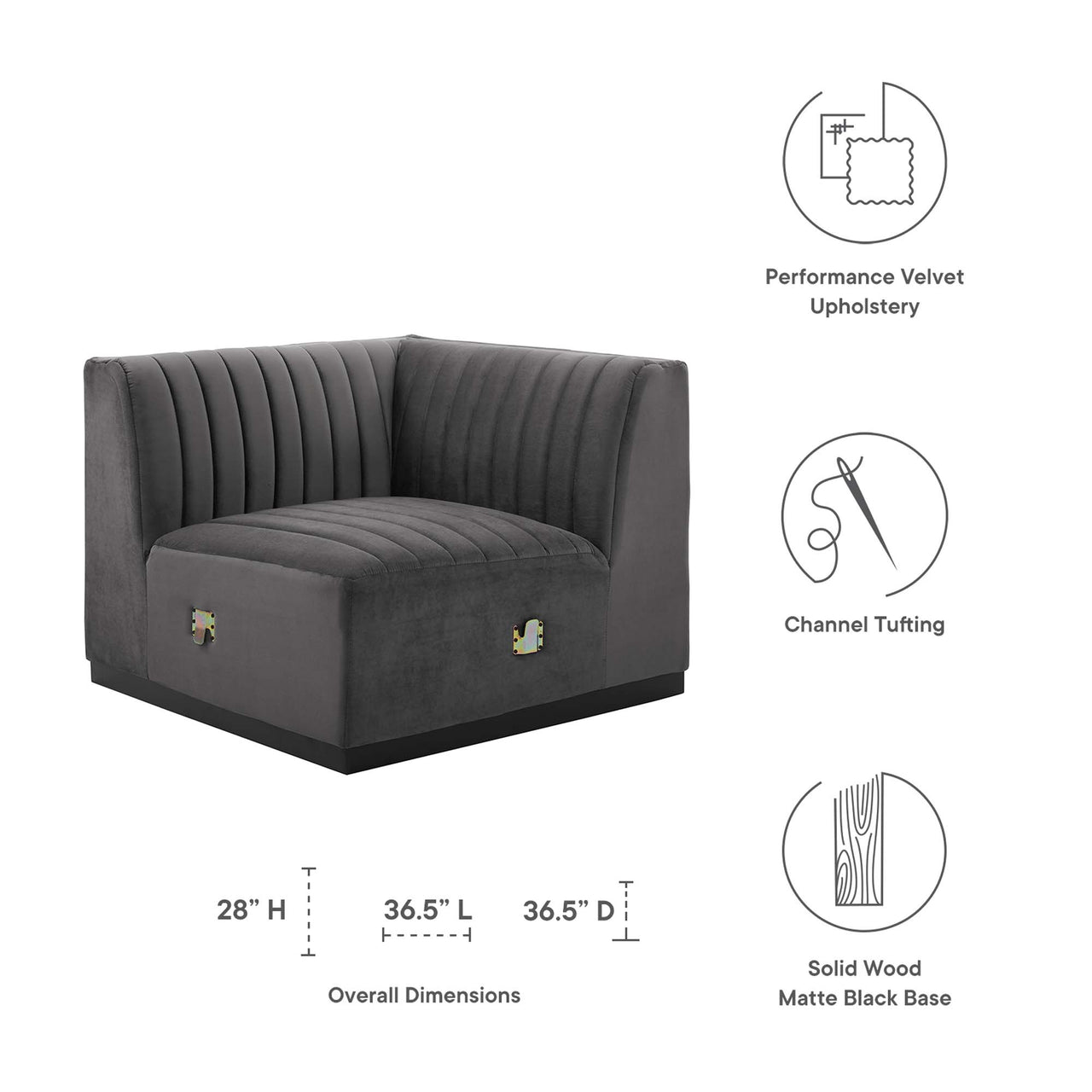 Evoke Velvet Right Corner Chair | Modular Sectional Component, Black & Gray