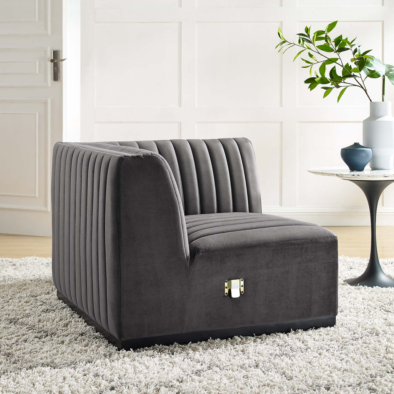 Evoke Velvet Right Corner Chair | Modular Sectional Component, Black & Gray
