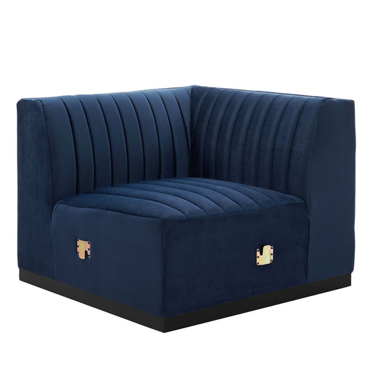 Evoke Velvet Right Corner Chair | Modular Sectional Component, Black & Dark Blue