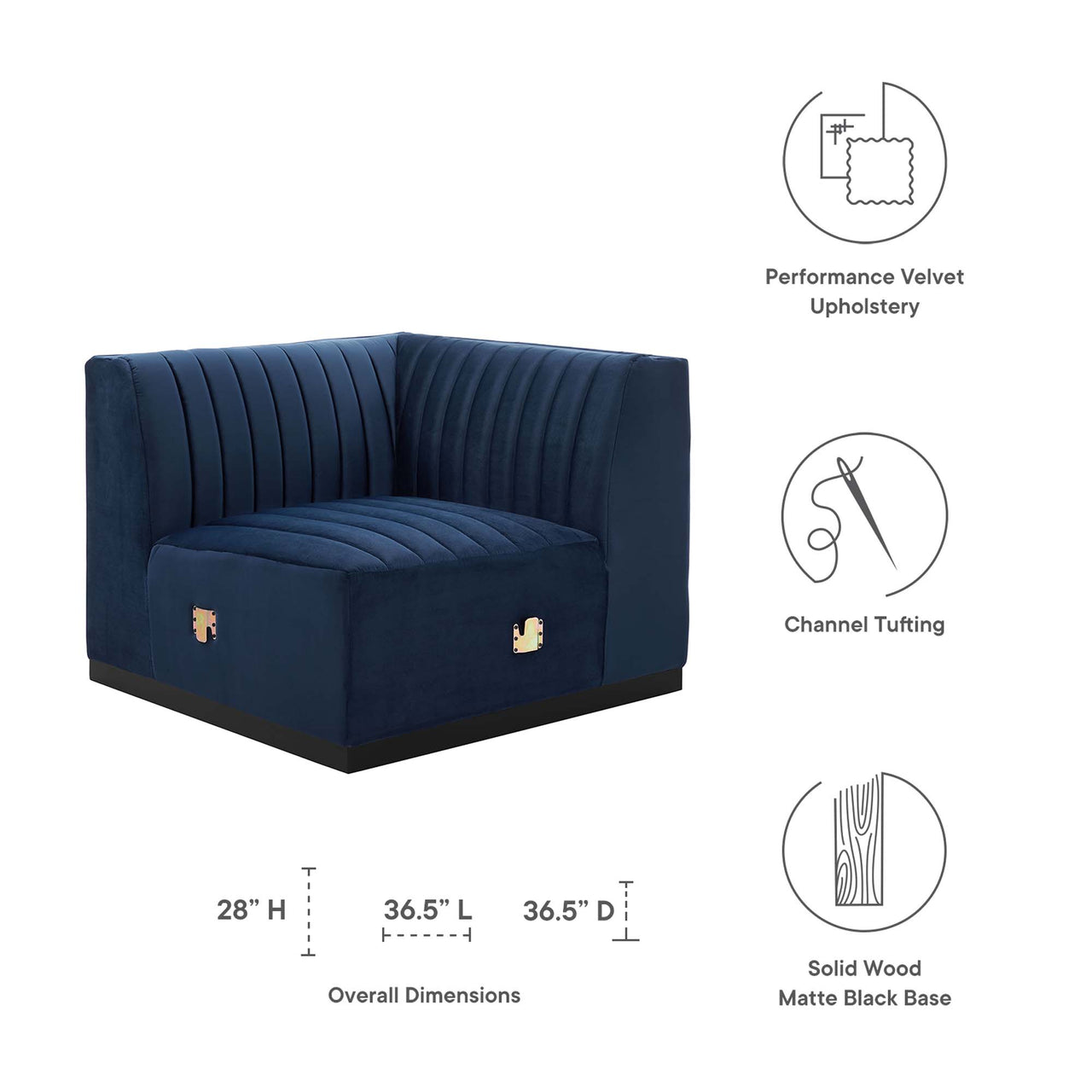 Evoke Velvet Right Corner Chair | Modular Sectional Component, Black & Dark Blue
