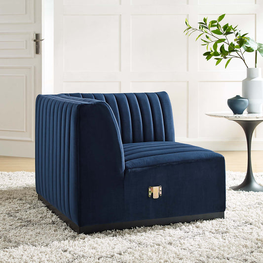 Evoke Velvet Right Corner Chair | Modular Sectional Component, Black & Dark Blue