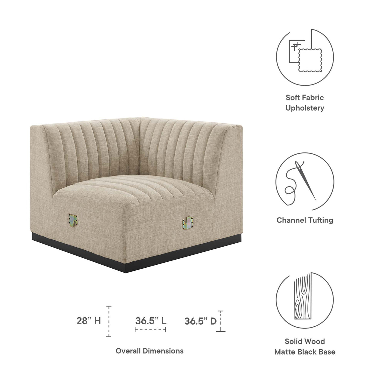 Evoke Fabric Right Corner Chair | Modular Sectional Component, Black & Beige