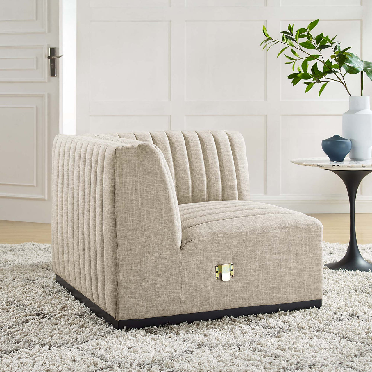 Evoke Fabric Right Corner Chair | Modular Sectional Component, Black & Beige