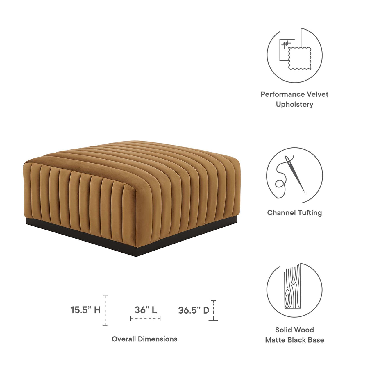 Evoke Velvet Ottoman | Modular Sectional Component, Black & Cognac