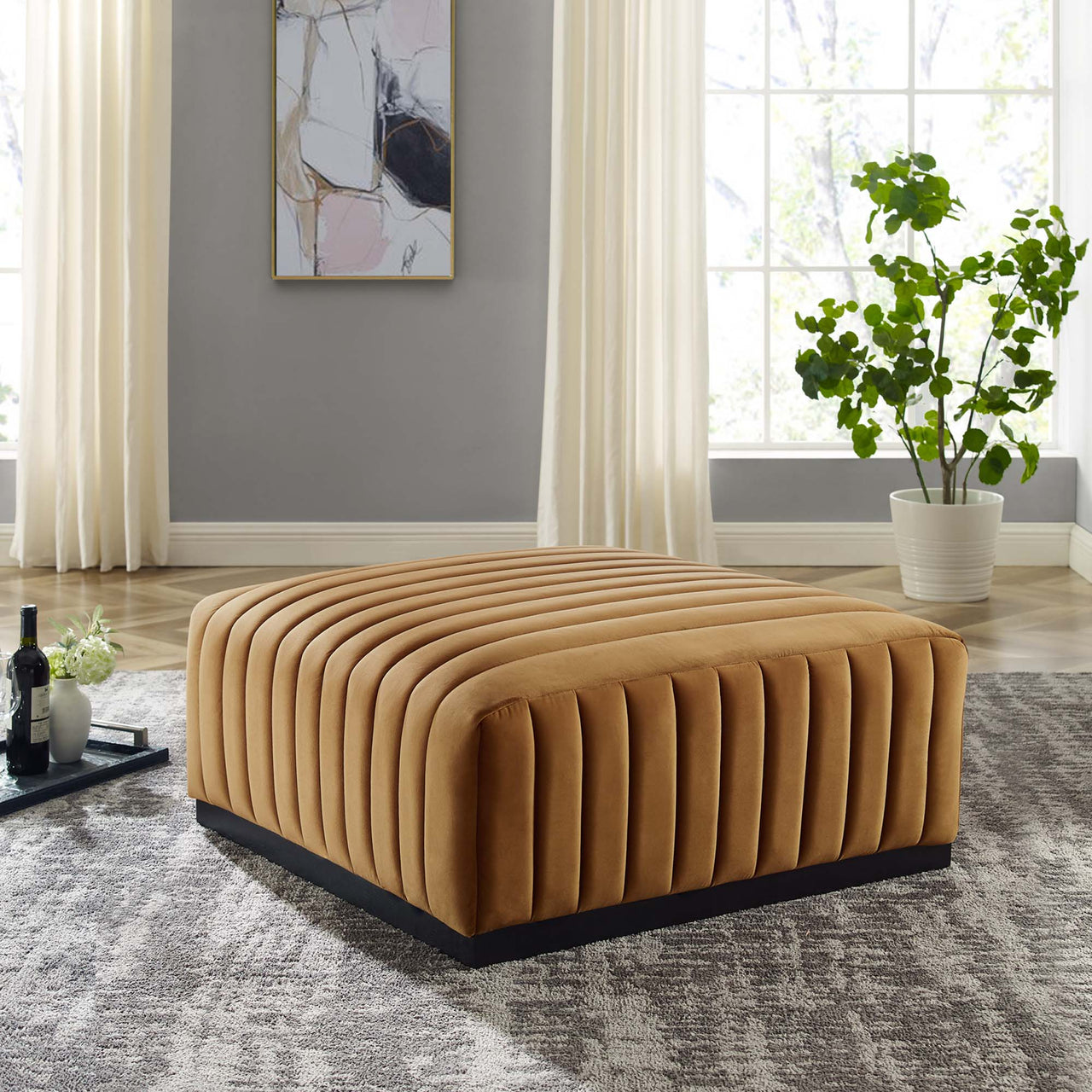 Evoke Velvet Ottoman | Modular Sectional Component, Black & Cognac