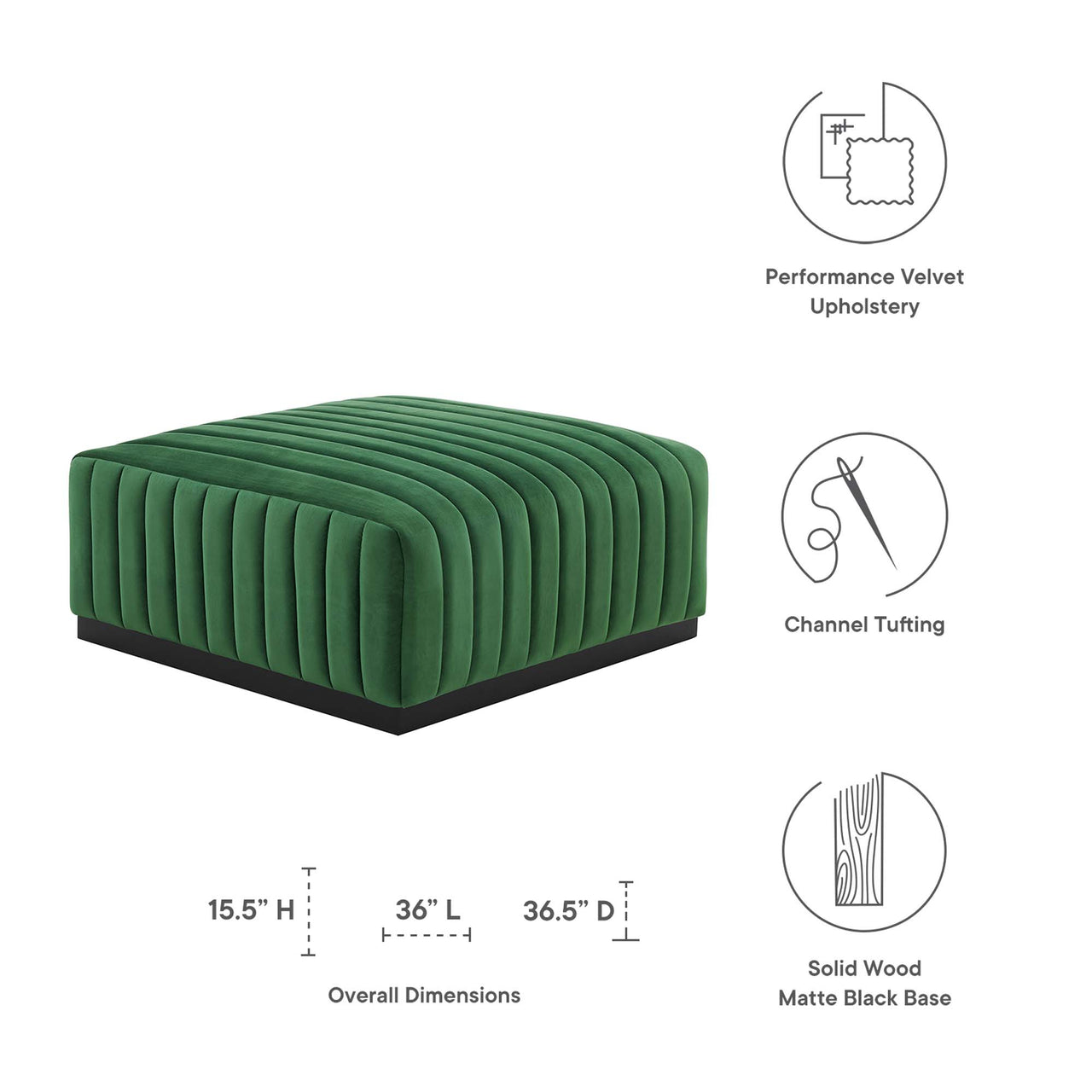 Evoke Velvet Ottoman | Modular Sectional Component, Black & Emerald
