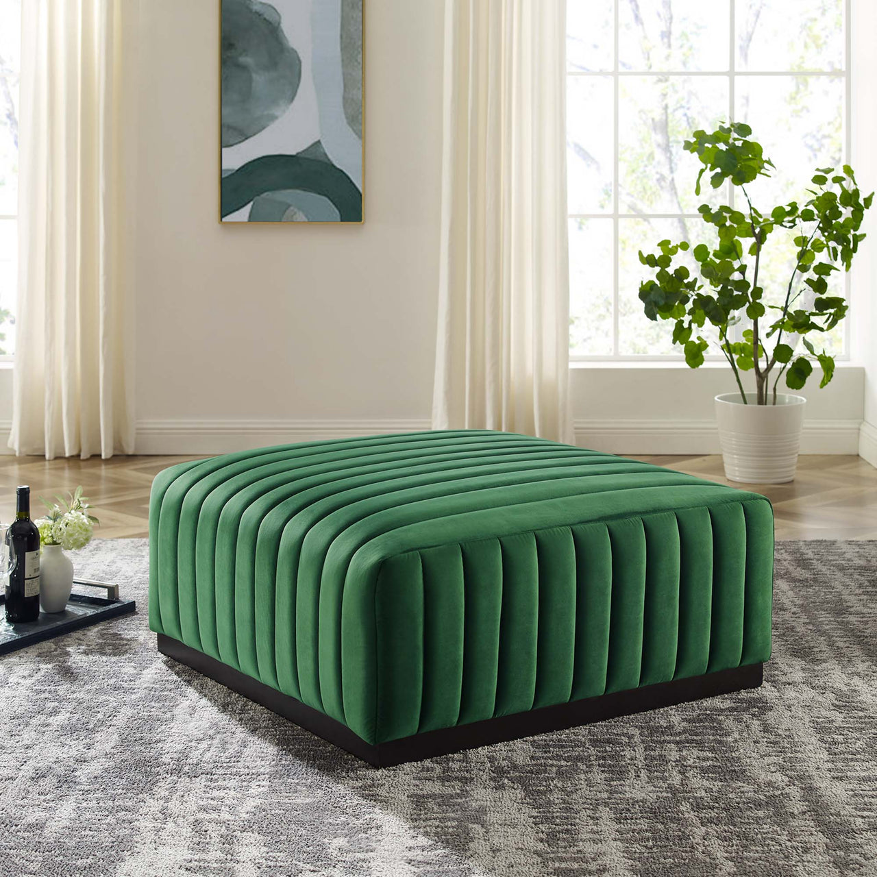 Evoke Velvet Ottoman | Modular Sectional Component, Black & Emerald