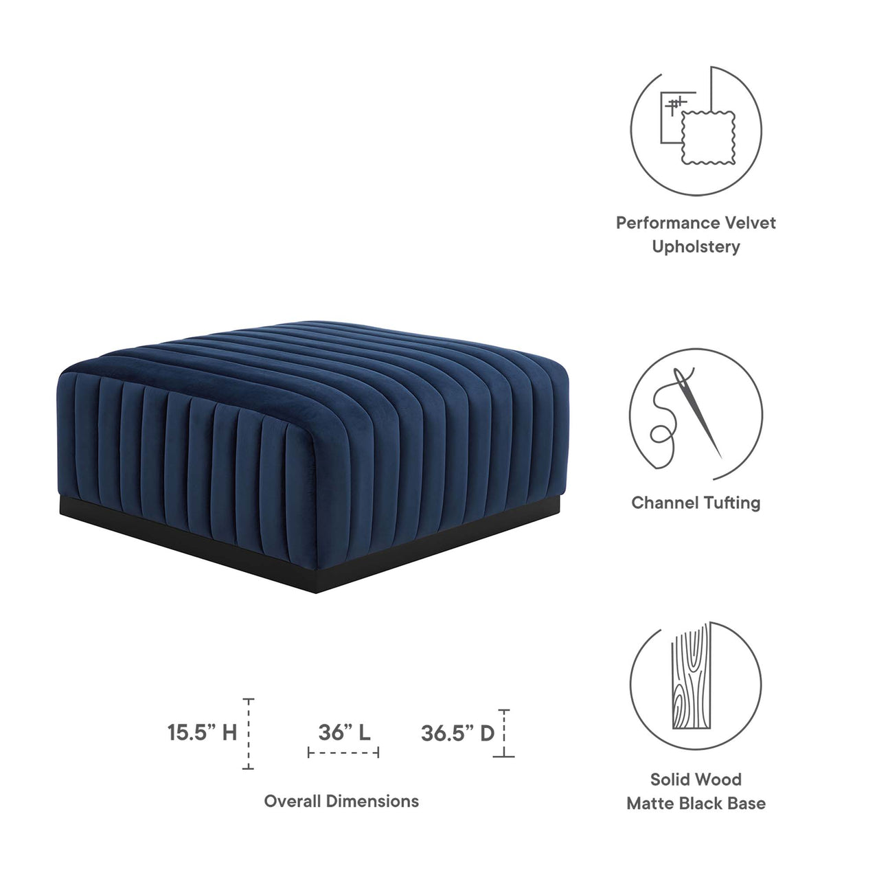 Evoke Velvet Ottoman | Modular Sectional Component, Black & Dark Blue