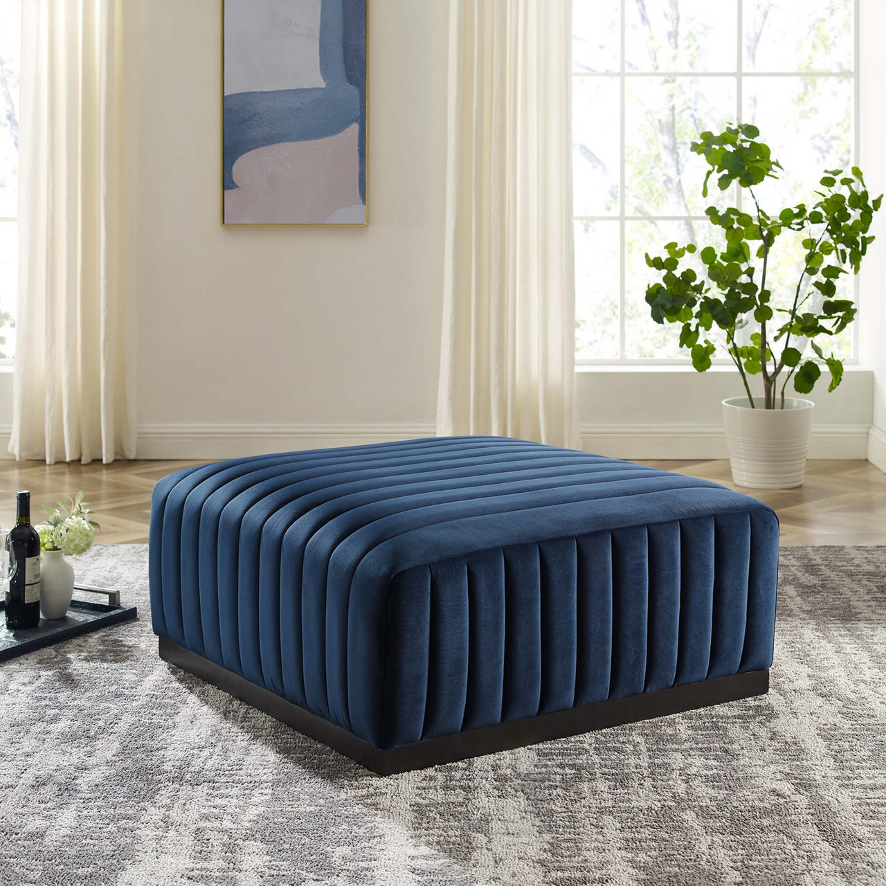 Evoke Velvet Ottoman | Modular Sectional Component, Black & Dark Blue