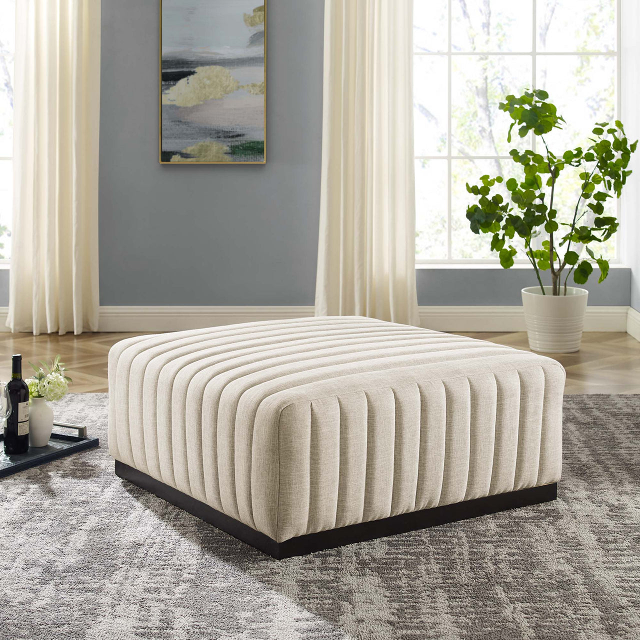 Evoke Fabric Ottoman | Modular Sectional Component, Black & Beige