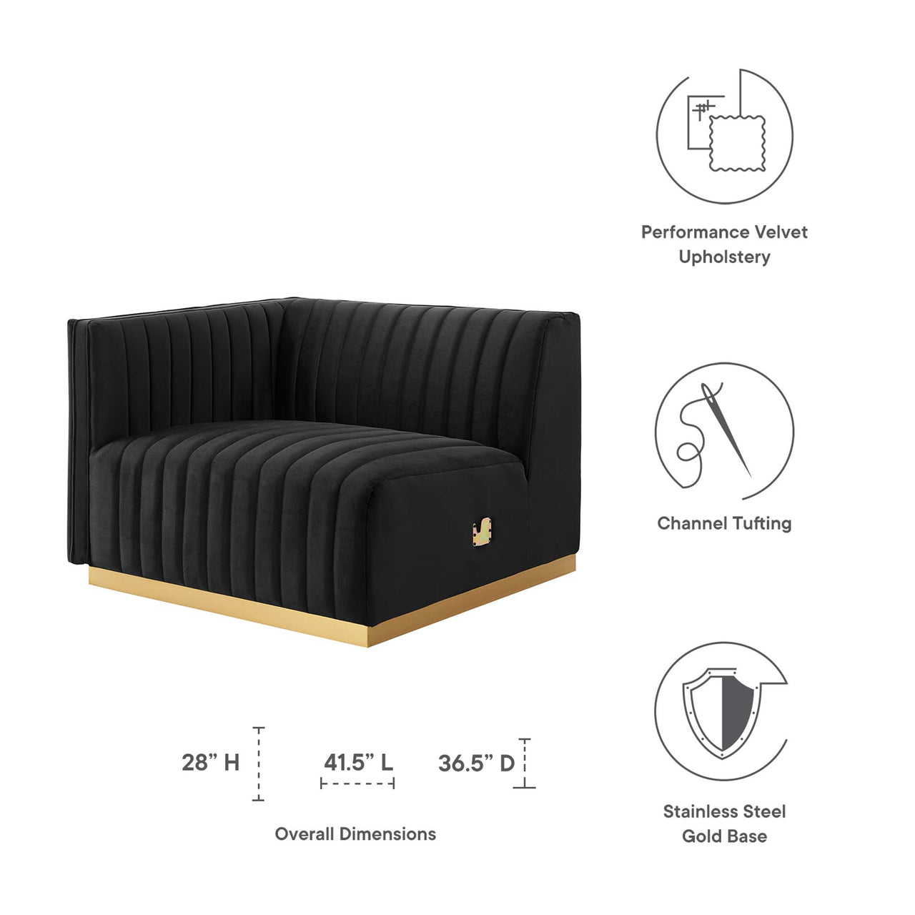 Evoke Velvet Left-Arm Chair | Modular Sectional Component, Gold & Black