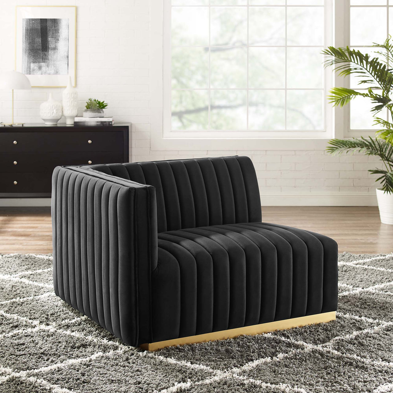 Evoke Velvet Left-Arm Chair | Modular Sectional Component, Gold & Black