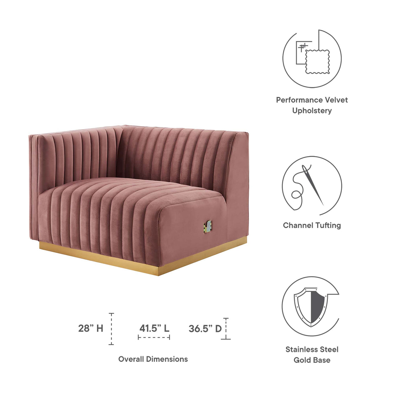 Evoke Velvet Left-Arm Chair | Modular Sectional Component, Gold & Dusty Rose