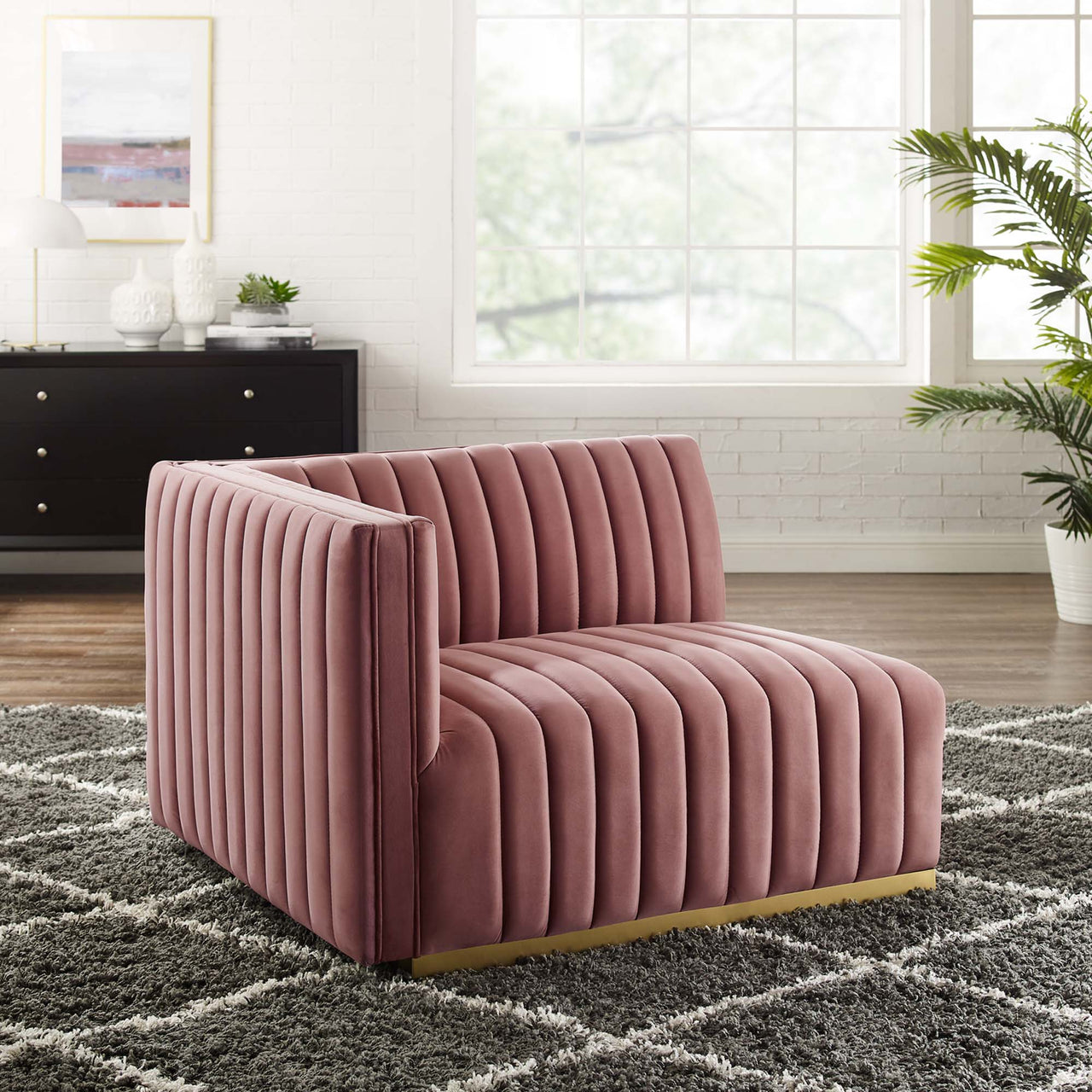 Evoke Velvet Left-Arm Chair | Modular Sectional Component, Gold & Dusty Rose