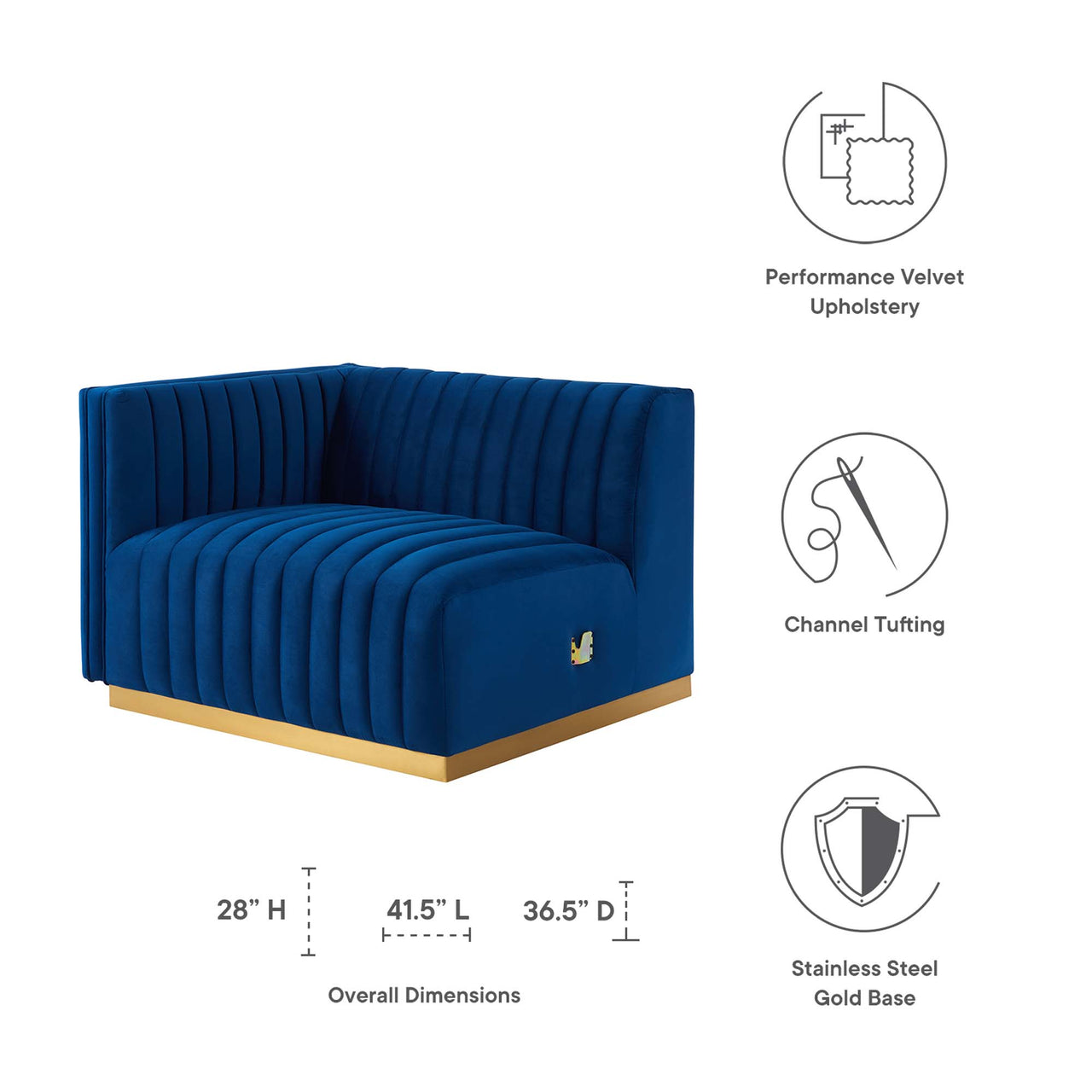 Evoke Velvet Left-Arm Chair | Modular Sectional Component, Gold & Navy
