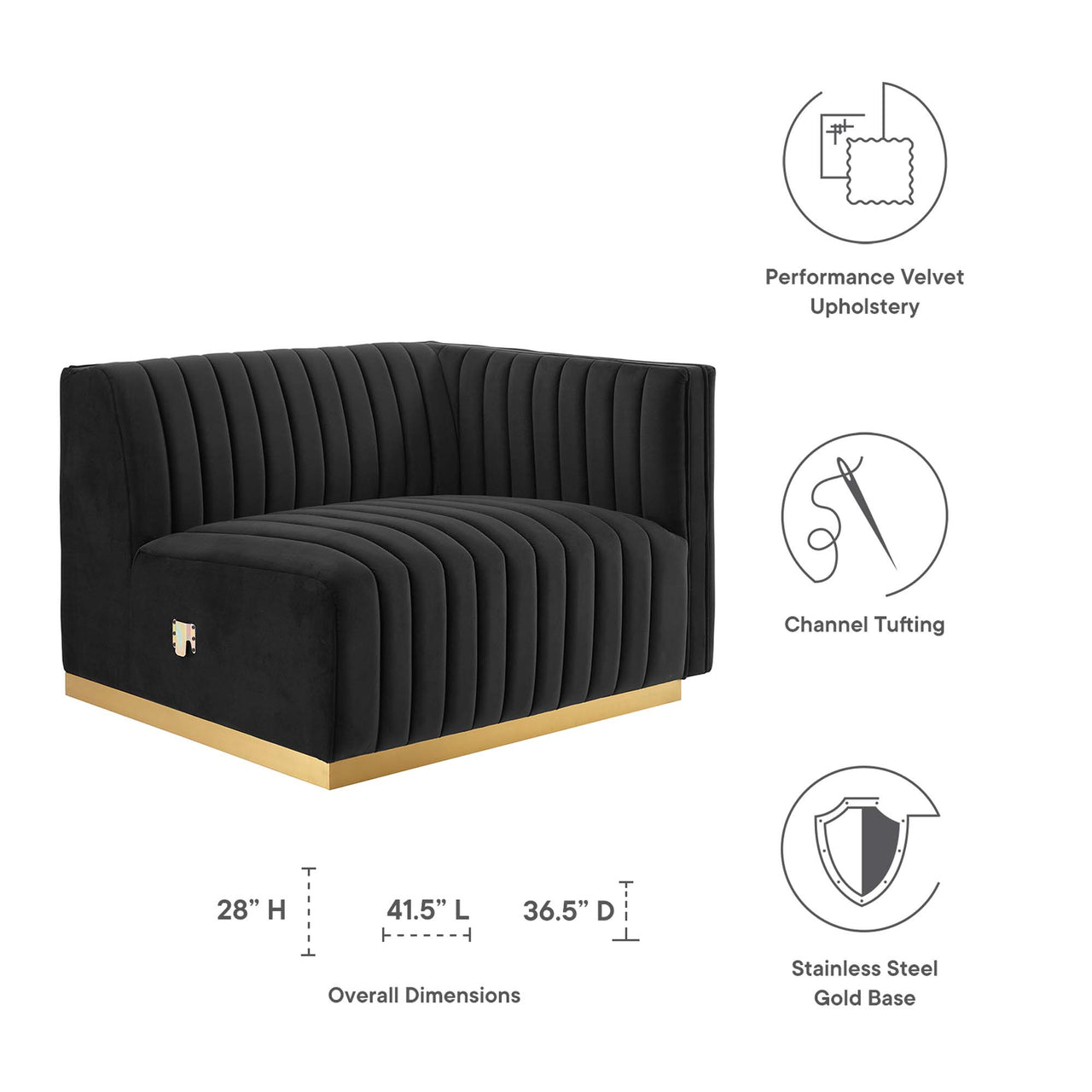 Evoke Velvet Right-Arm Chair | Modular Sectional Component, Gold & Black