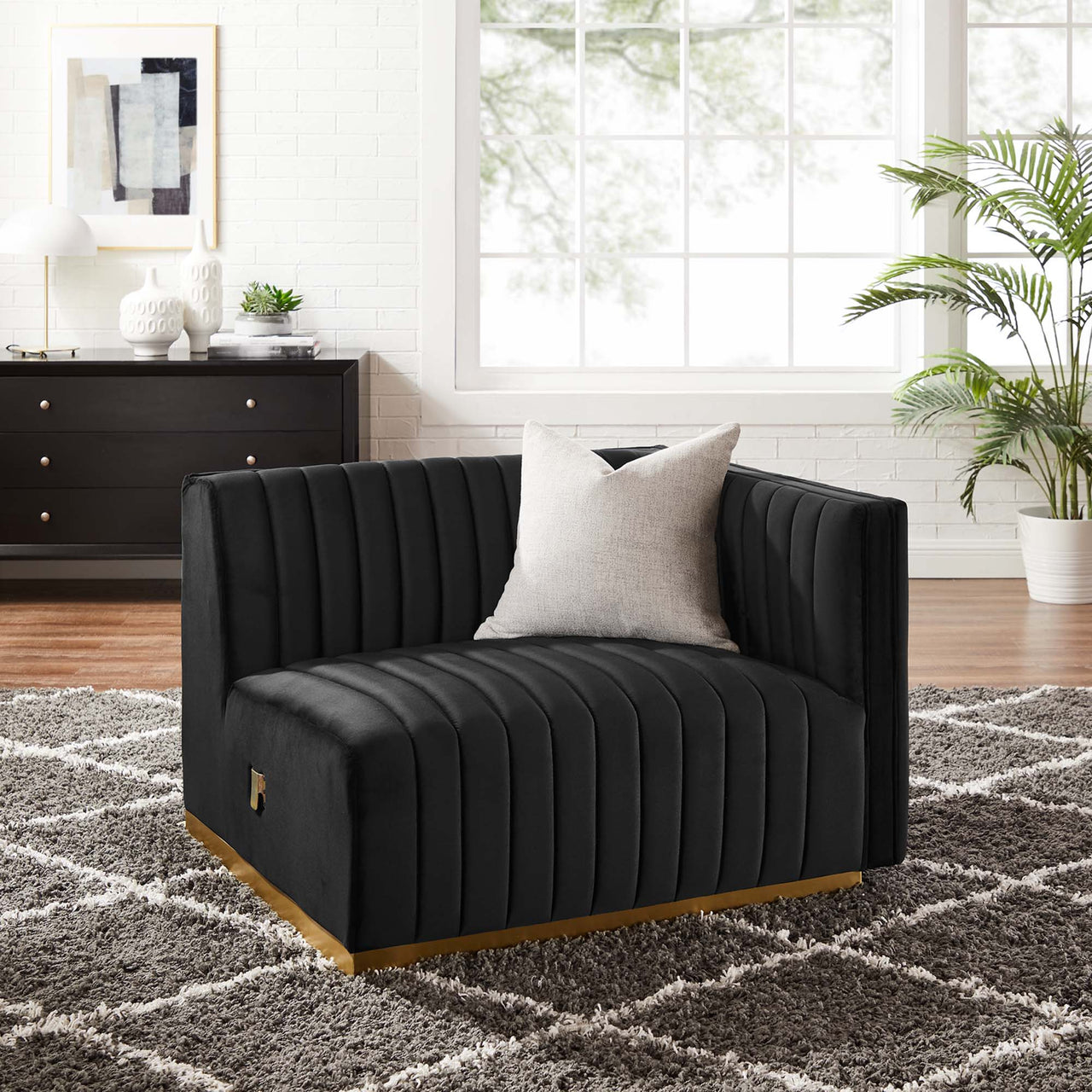 Evoke Velvet Right-Arm Chair | Modular Sectional Component, Gold & Black