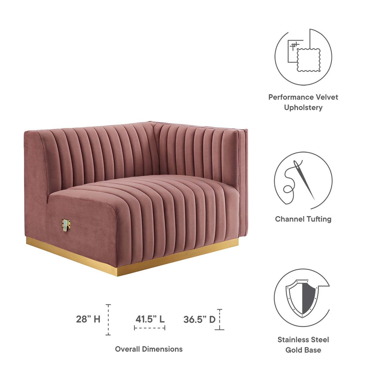 Evoke Velvet Right-Arm Chair | Modular Sectional Component, Gold & Dusty Rose