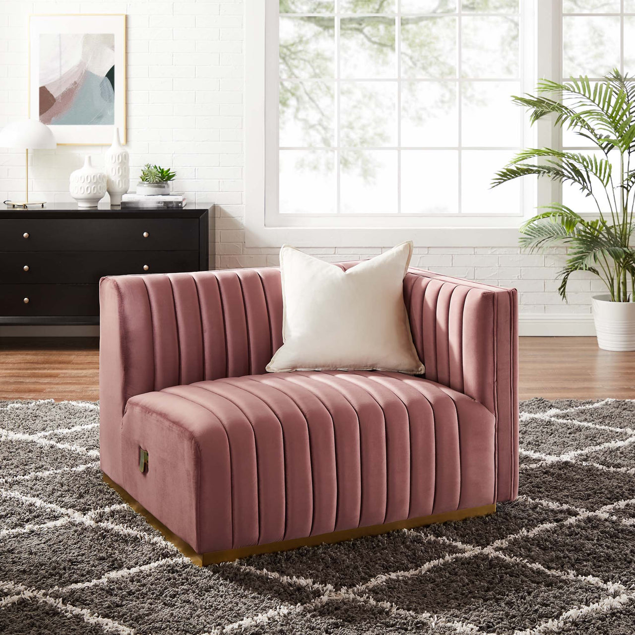 Evoke Velvet Right-Arm Chair | Modular Sectional Component, Gold & Dusty Rose