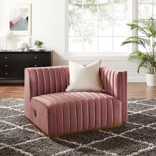 Evoke Velvet Right-Arm Chair | Modular Sectional Component, Gold & Dusty Rose