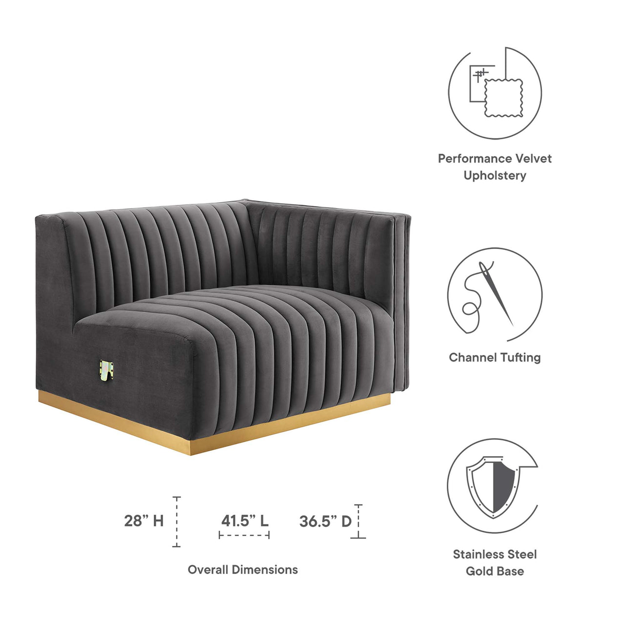 Evoke Velvet Right-Arm Chair | Modular Sectional Component, Gold & Gray