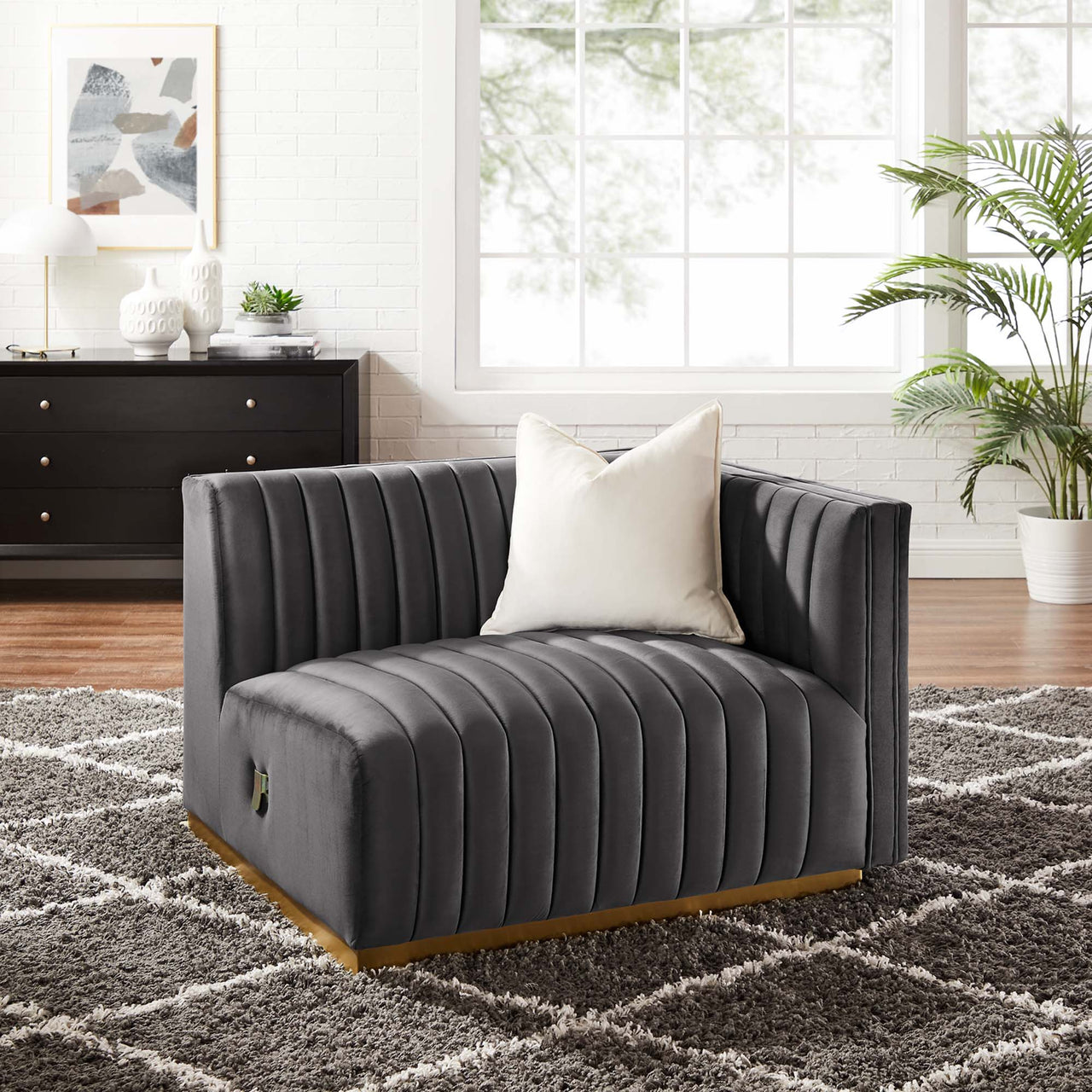 Evoke Velvet Right-Arm Chair | Modular Sectional Component, Gold & Gray