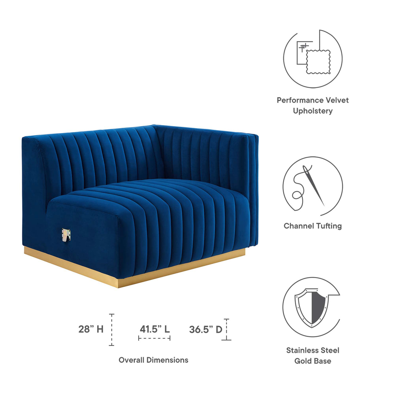 Evoke Velvet Right-Arm Chair | Modular Sectional Component, Gold & Navy