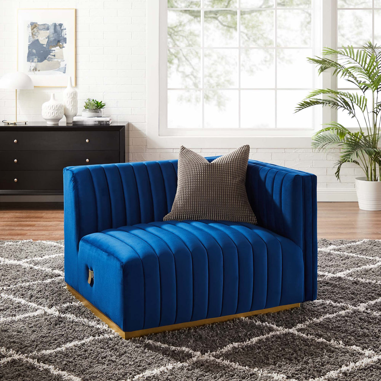 Evoke Velvet Right-Arm Chair | Modular Sectional Component, Gold & Navy