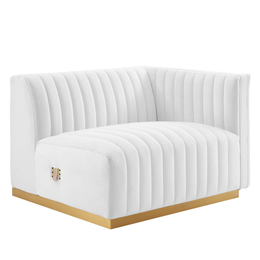 Evoke Velvet Right-Arm Chair | Modular Sectional Component, Gold & White
