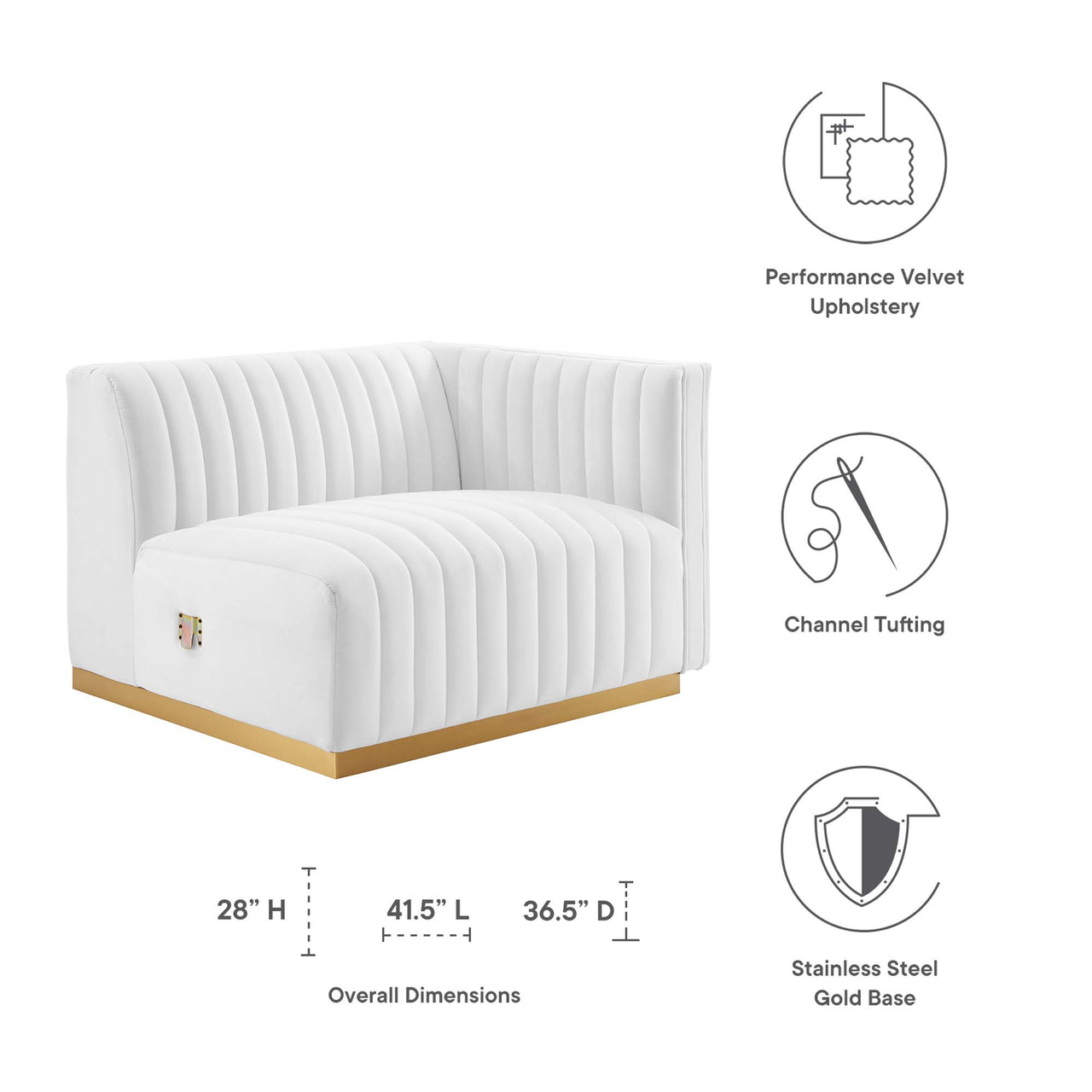 Evoke Velvet Right-Arm Chair | Modular Sectional Component, Gold & White