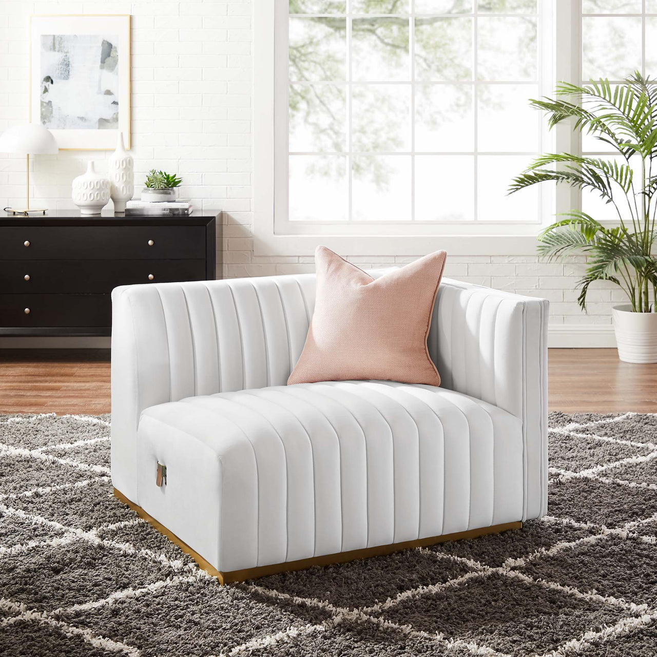 Evoke Velvet Right-Arm Chair | Modular Sectional Component, Gold & White