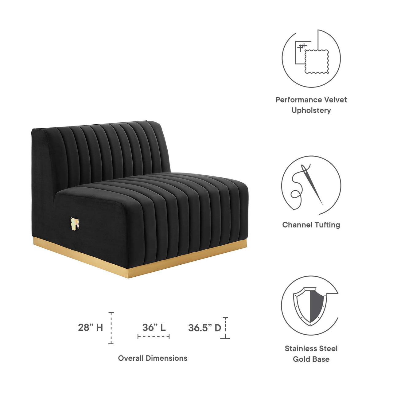 Evoke Velvet Armless Chair | Modular Sectional Component, Gold & Black
