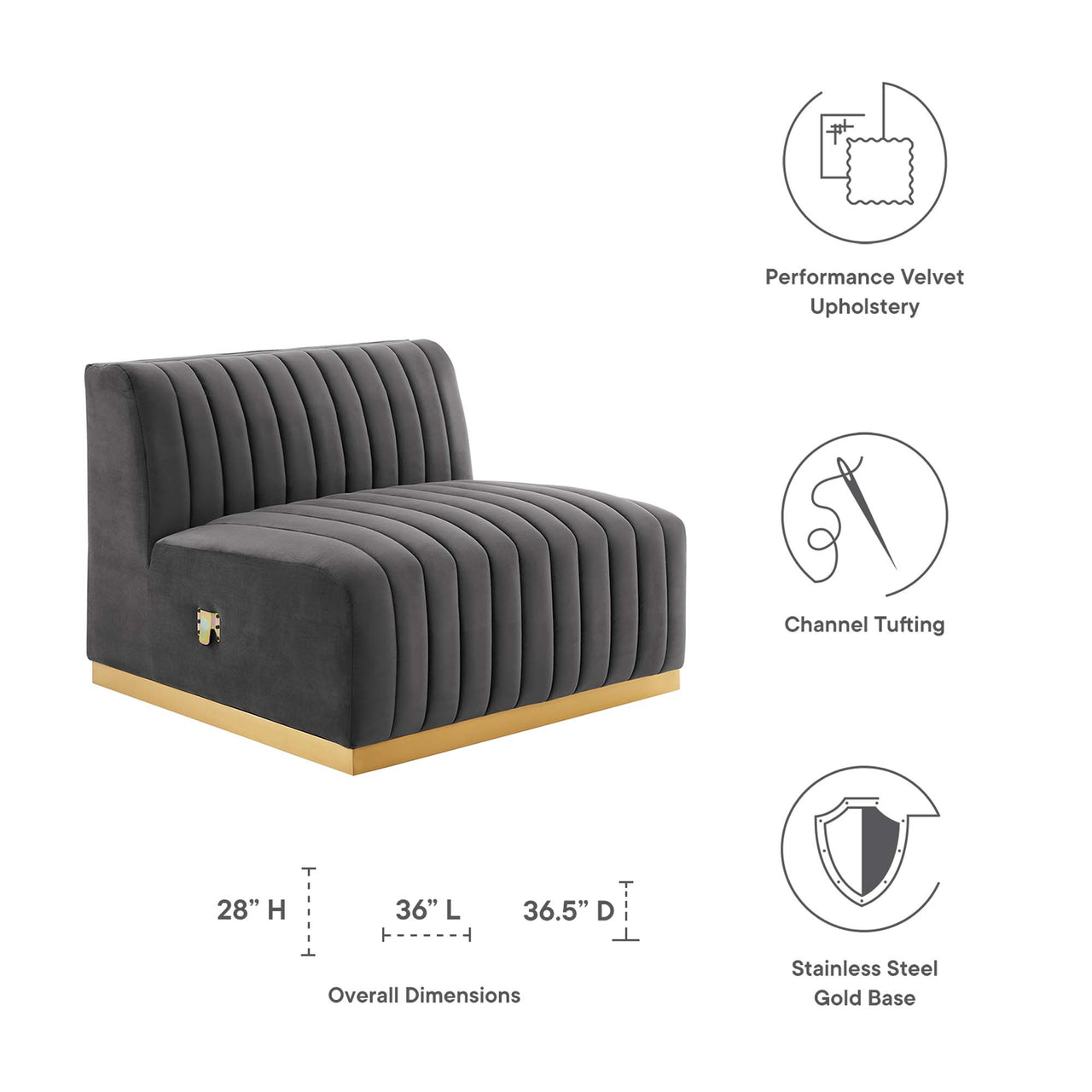 Evoke Velvet Armless Chair | Modular Sectional Component, Gold & Gray