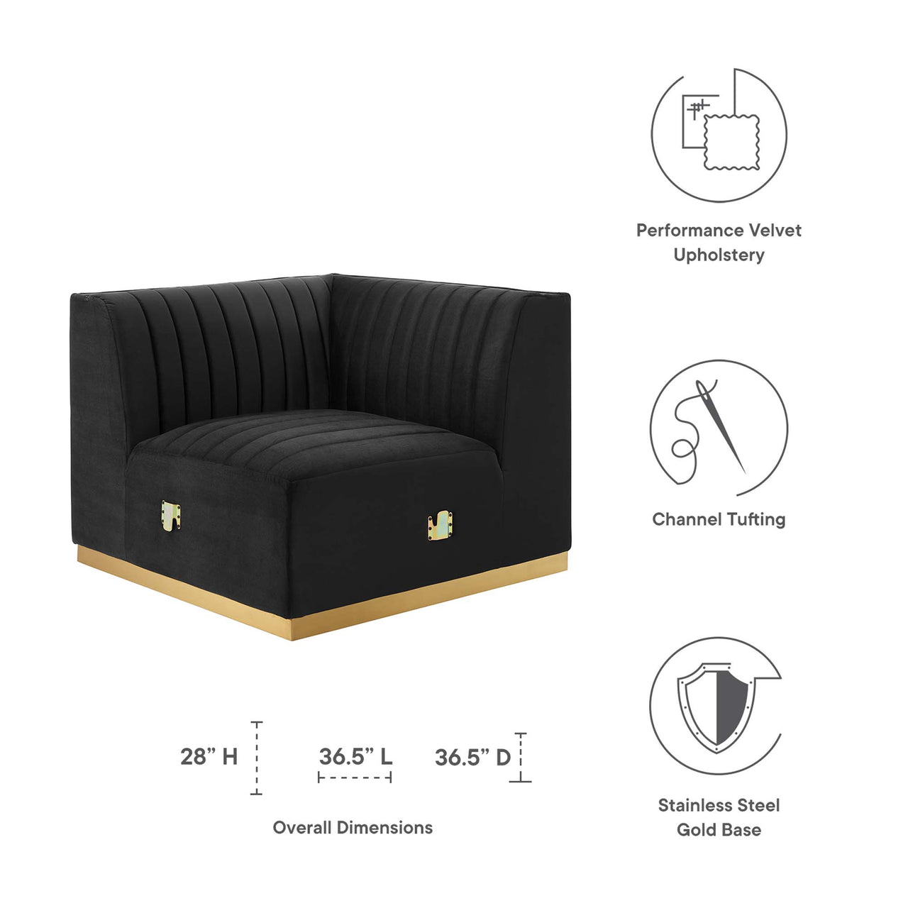 Evoke Velvet Left Corner Chair | Modular Sectional Component, Gold & Black