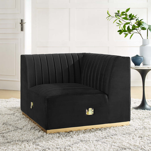 Evoke Velvet Left Corner Chair | Modular Sectional Component, Gold & Black