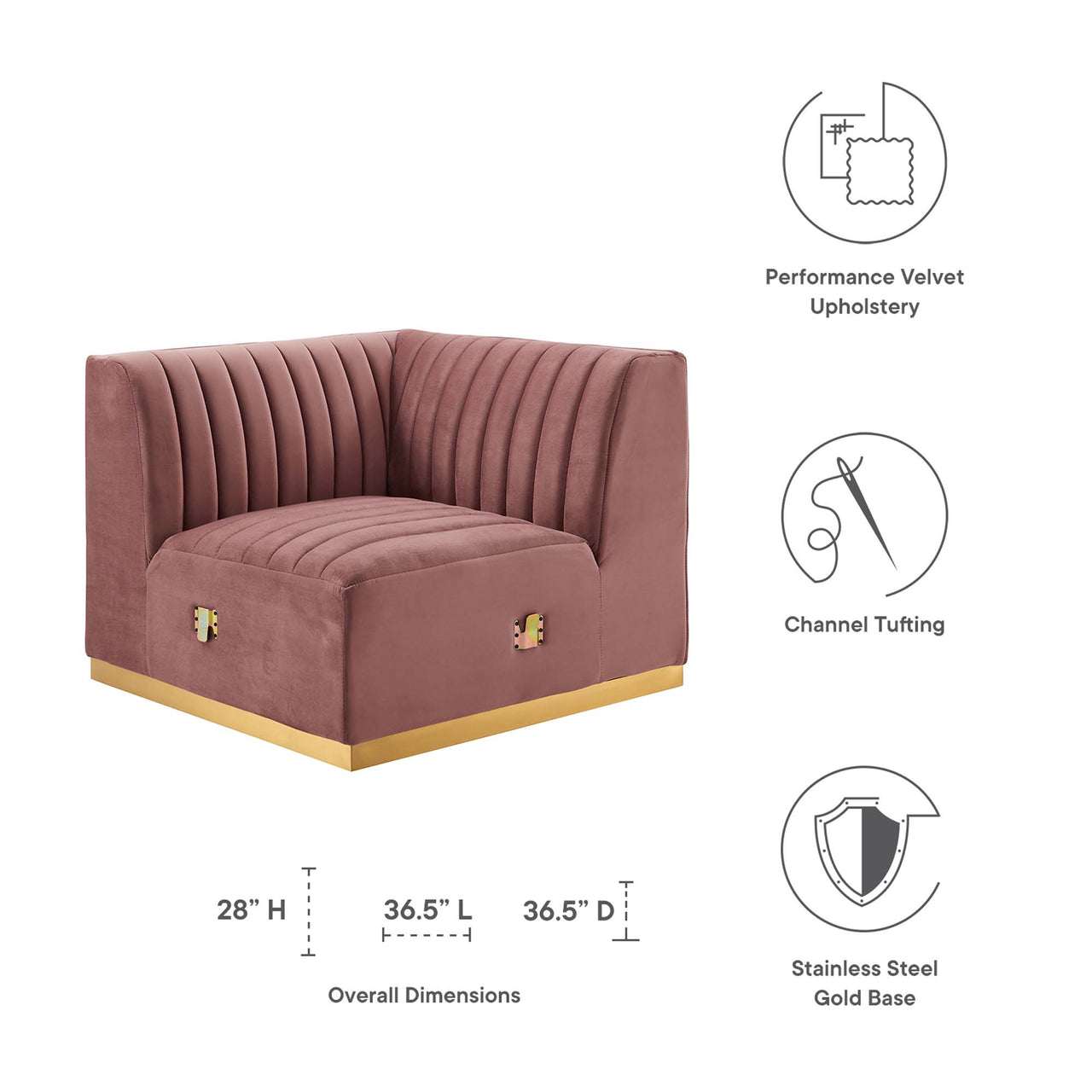 Evoke Velvet Left Corner Chair | Modular Sectional Component, Gold & Dusty Rose