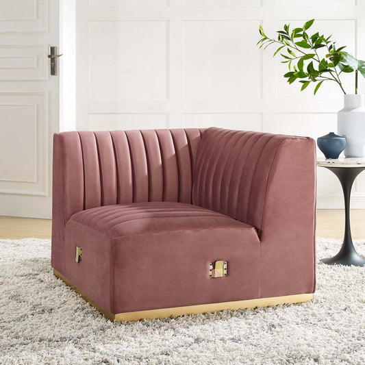 Evoke Velvet Left Corner Chair | Modular Sectional Component, Gold & Dusty Rose