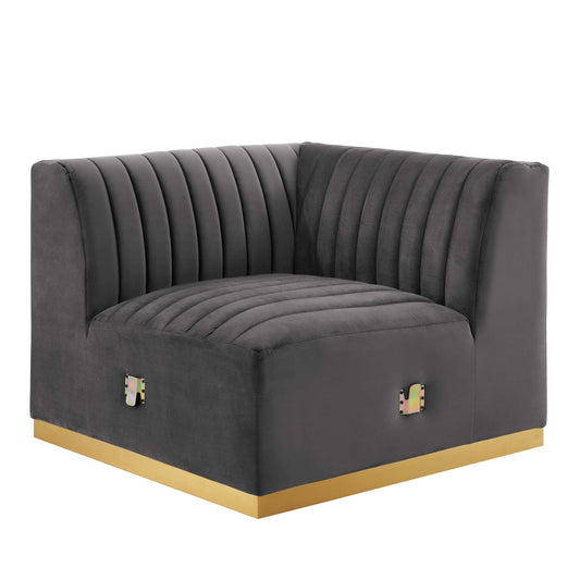 Evoke Velvet Left Corner Chair | Modular Sectional Component, Gold & Gray