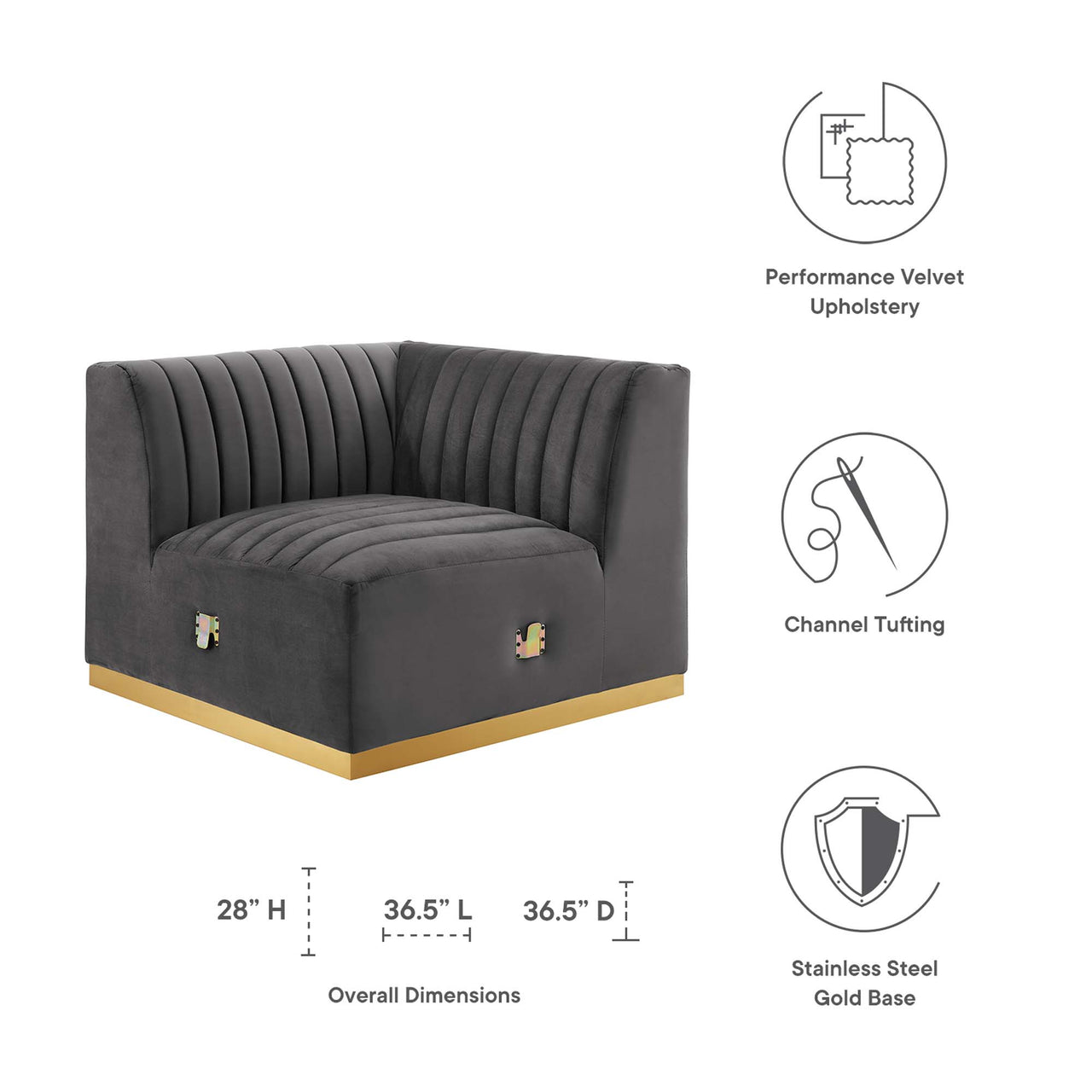 Evoke Velvet Left Corner Chair | Modular Sectional Component, Gold & Gray
