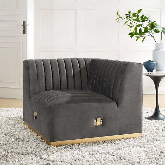 Evoke Velvet Left Corner Chair | Modular Sectional Component, Gold & Gray