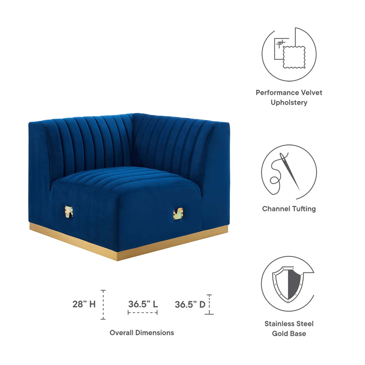 Evoke Velvet Left Corner Chair | Modular Sectional Component, Gold & Navy