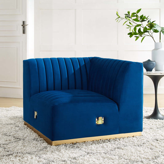 Evoke Velvet Left Corner Chair | Modular Sectional Component, Gold & Navy